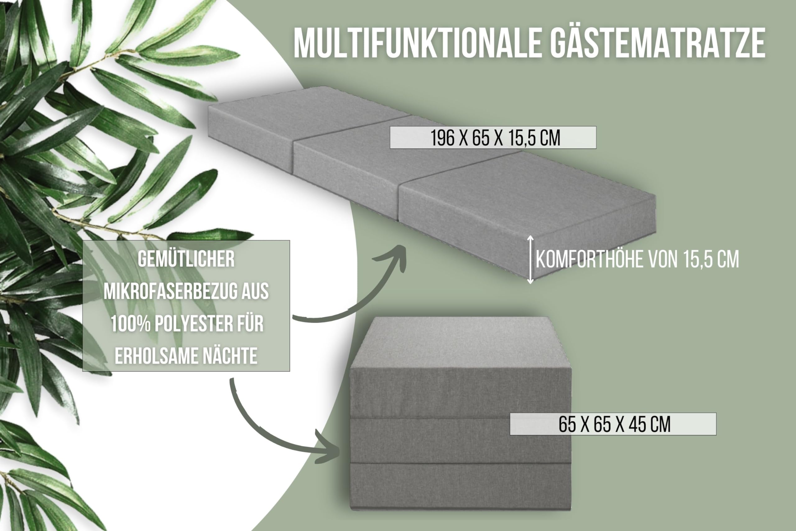 Badenia Trendline Gästematratze XXL 196 x 65 x 15,5 cm – Faltmatratze mit Mikroplüsch-Bezug, 15 cm Komforthöhe, ÖKO-TEX Zertifiziert, Hellgrau