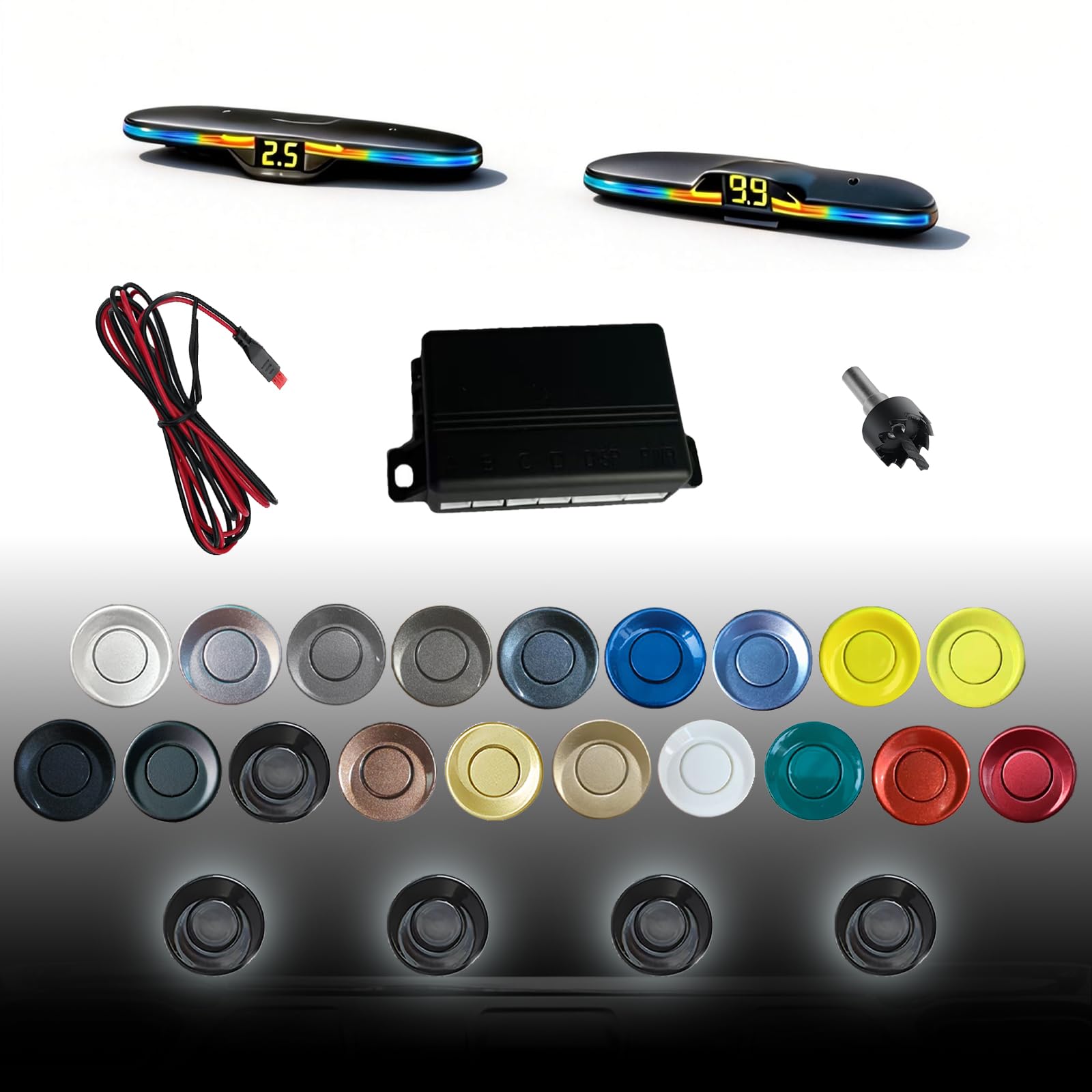 - New Feature Rear Parking Sensor with Selectable Distance in Feet, Bidirectional Display Options, and Customizable Numeric Orientation 19 Colors Sensor of Probes are Available for Selection(Black)