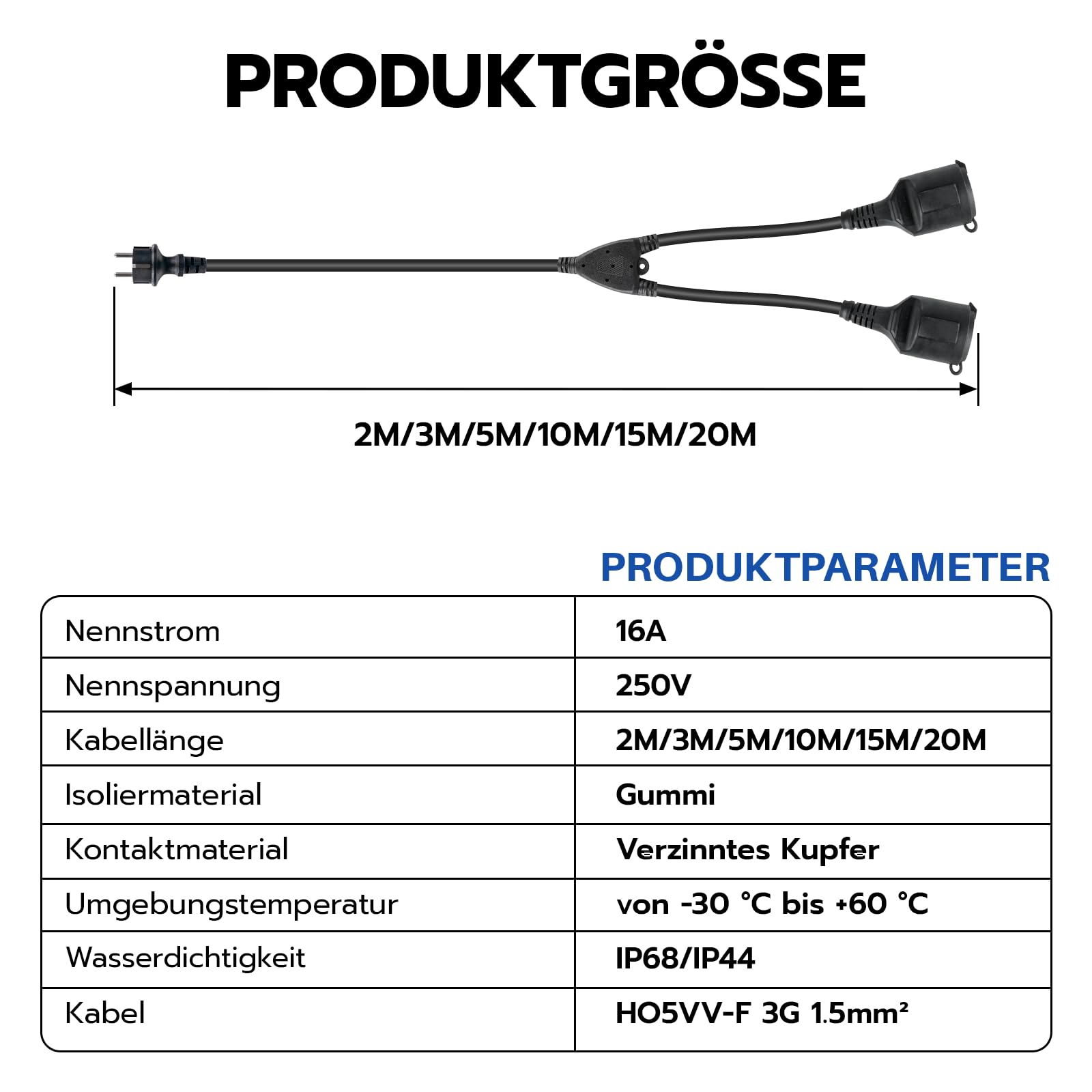 Cavo di prolunga con prese Schuko 20 m, 16 A, 250 V, per esterni, IP44, impermeabile, doppio connettore esterno per giardino, ufficio e casa