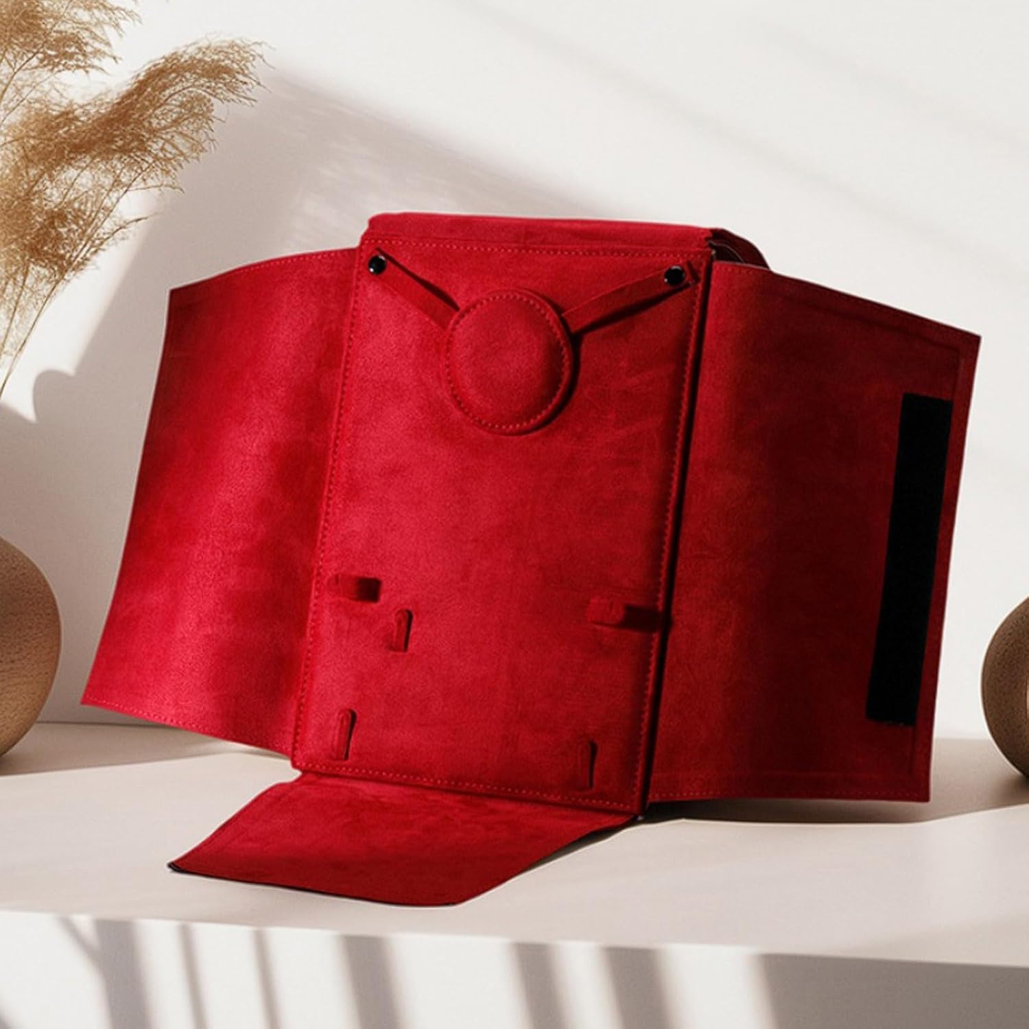 Rectangular Leather Jewelry Pouch, Suede Lined Storage Bag for Evening Organizing Pearls, Chains(Rojo)