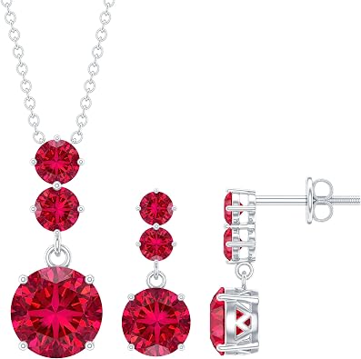 Lab Grown Ruby Necklace and Earring Set, Aaaa Quality