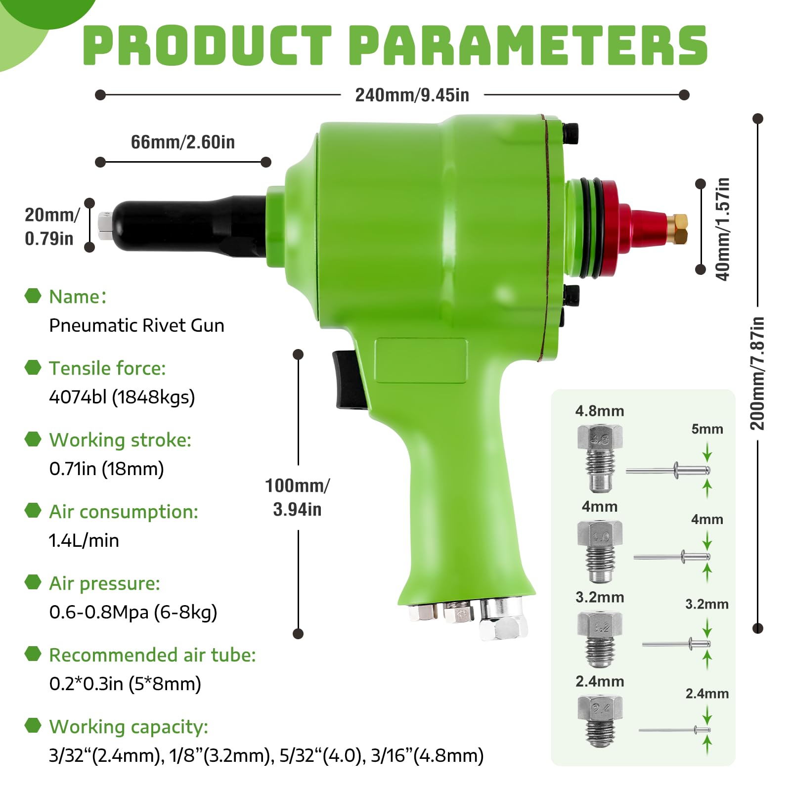 Pistola remachadora neumática, pistola de remache de aire con autosucción, carrera larga y gran fuerza de tracción para remaches de aluminio de 3/32, 1/8, 5/32 y 3/16 pulgadas