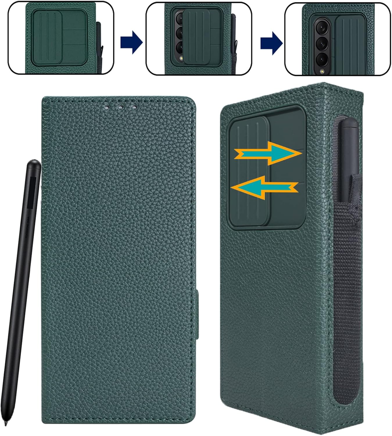 for samsung galaxy z fold 4 case with s pen holder & camera cover, luxury genuine leather wallet phone cover built-in s pen slot kickstand function card holder heavy duty protection (green)