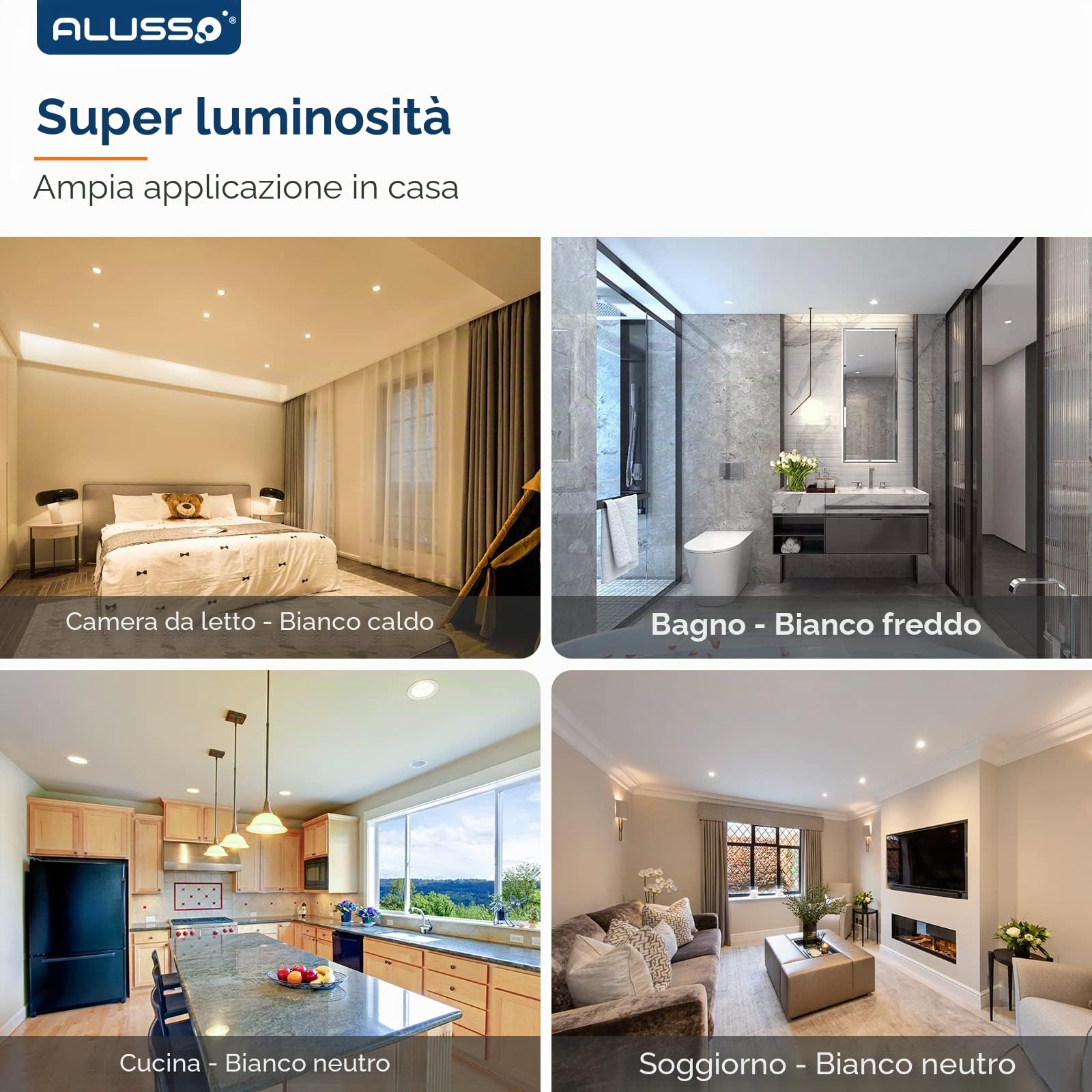 ALUSSO 6 Faretti LED da Incasso, 5W 400LM Luci da Soffitto Interno, Dimmerabile IP65 per Bagno, Bianco Caldo 3000K Bianca Naturale 4000K Bianco Freddo 6500K, Apertura Ø75-85mm, Ultra Sottile 30mm