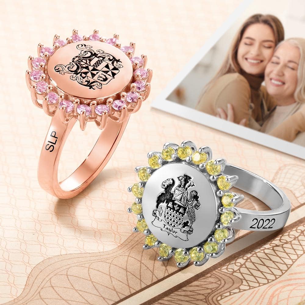 AILIN Custom Signet Rings With Birthstone For Women Men Sterling Silver 925/Brass Personalized Family Crest/Coat Of Arms/School Badge Rings Graduation Class Jewelry Birthday Chritmas Gifts