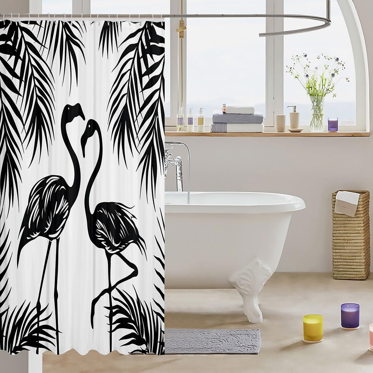 Erosebridal Cute Flamingo Waterproof Bathroom Curtain Black and White Bath Curtain, Palm Tree Leaves Shower Curtain Jungle Animal Bathtub Decor, Tropical Woodland Wildlife Shower Curtain Set