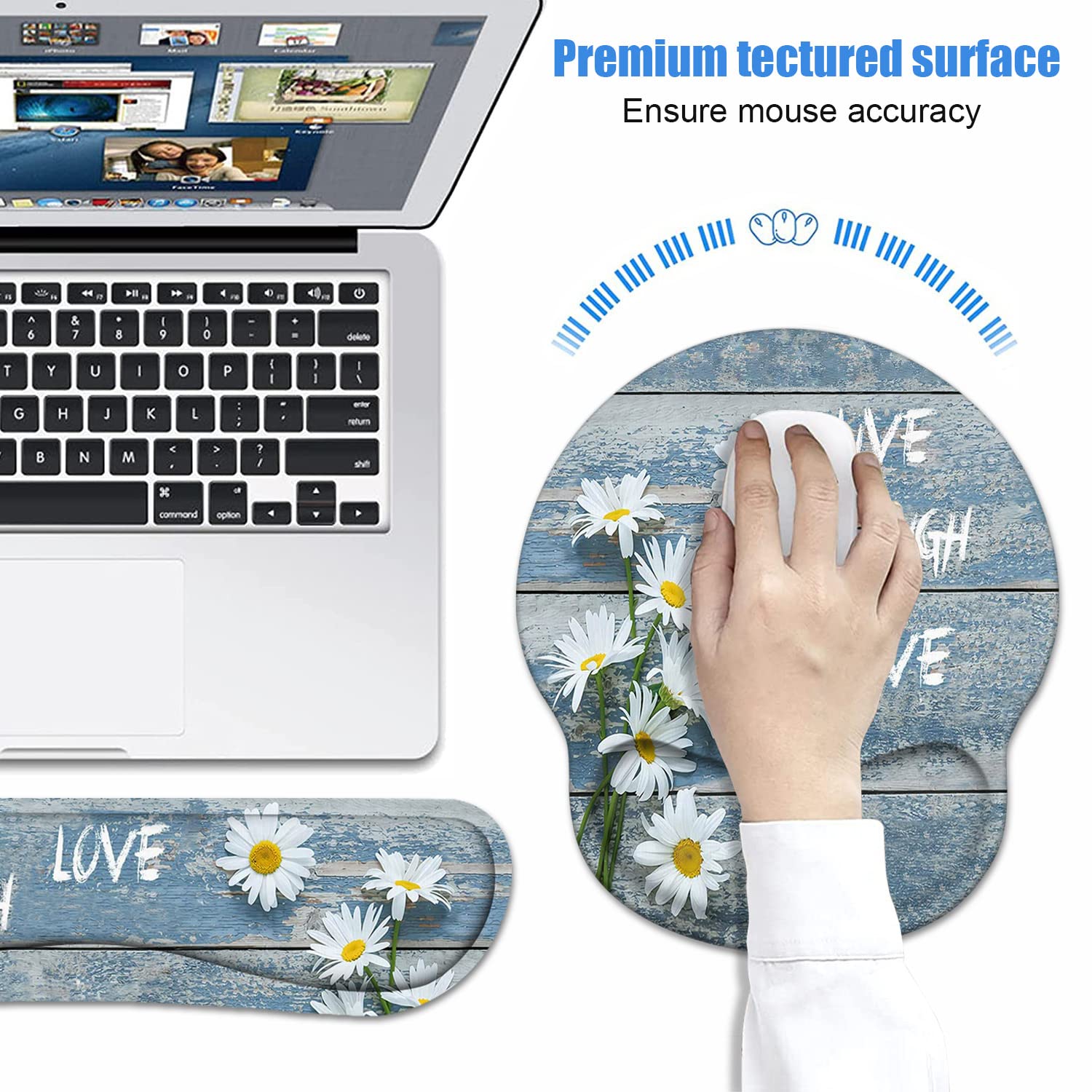 Tappetino per mouse con poggiapolsi, tappetino per mouse con cuscino in gel e tastiera ergonomica in memory foam, set con sottobicchiere, tappetino per mouse impermeabile per computer e laptop