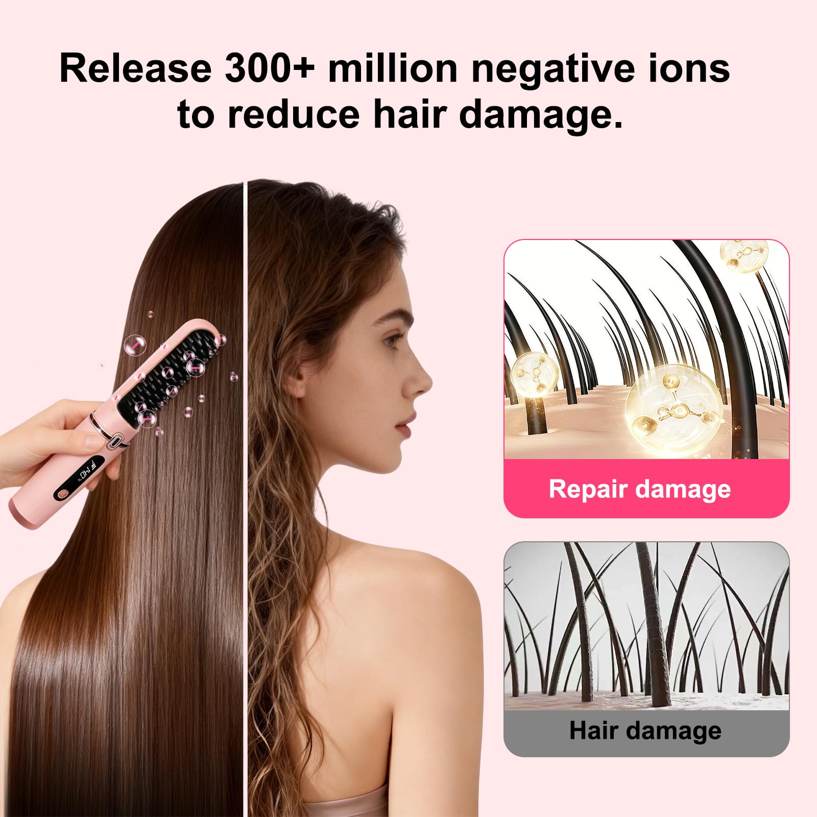 Cordless Hair Straightener Brush with Negative Ion Ceramic Bristles