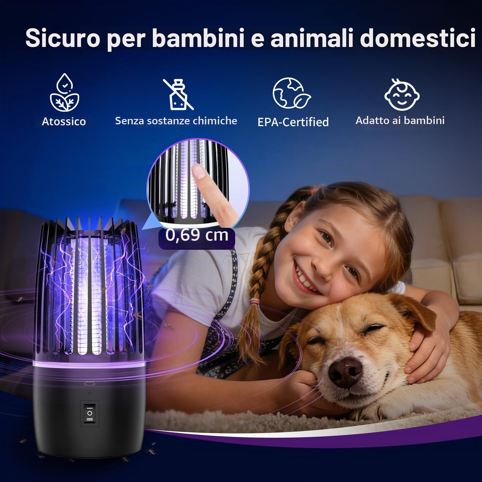 Lampada Antizanzare Elettrica Silenziosa con Luce Notte, Zanzariera UV Ricaricabile 4000mAh con Luce UV 365nm per Attrazione e Eliminazione Completa delle Zanzare (Scuro)