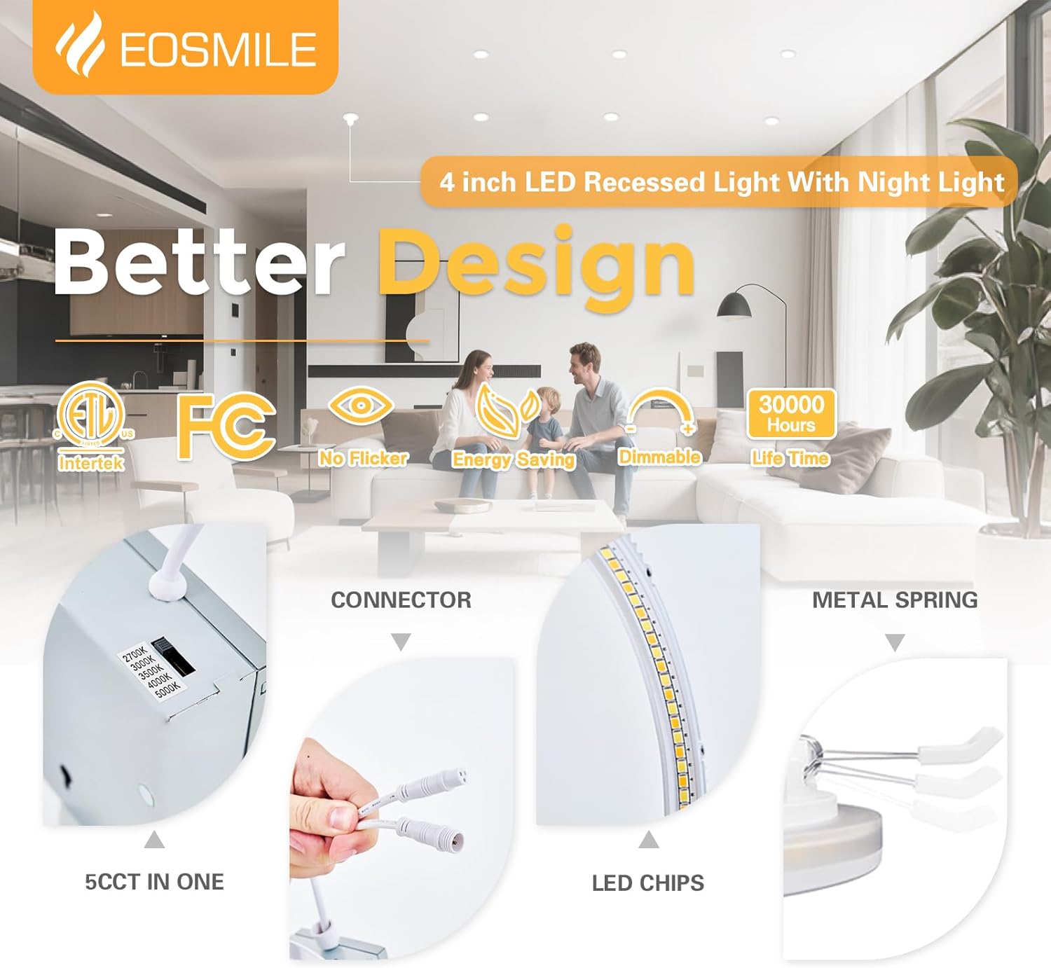 4 Inch White LED Recessed Lighting with Night Light 6 Pack,Canless Wafer Ceiling Light, 2700K-5000K Selectable, 9W, 120V, 750LM, Dimmable, ETL FCC