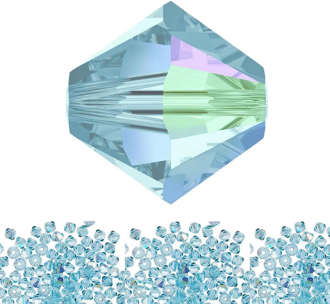 100pcs Authentic Preciosa 4mm (0.16 Inch) Small Faceted Bicone Crystal Loose Beads Aquamarine AB (Blue) Compatible with Swarovski Elements Crystals for Jewelry Making Pre-B461