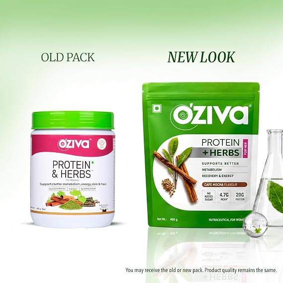 OZiva Protein & Herbs, Women with Multivitamins, Curcumin, Shatavari, Tulsi for Improved Metabolism, Hormonal Balance & Skin, Hair Health, 1.1 lbs, Cafe Mocha. Soy Free, Gluten Free, Non GMO