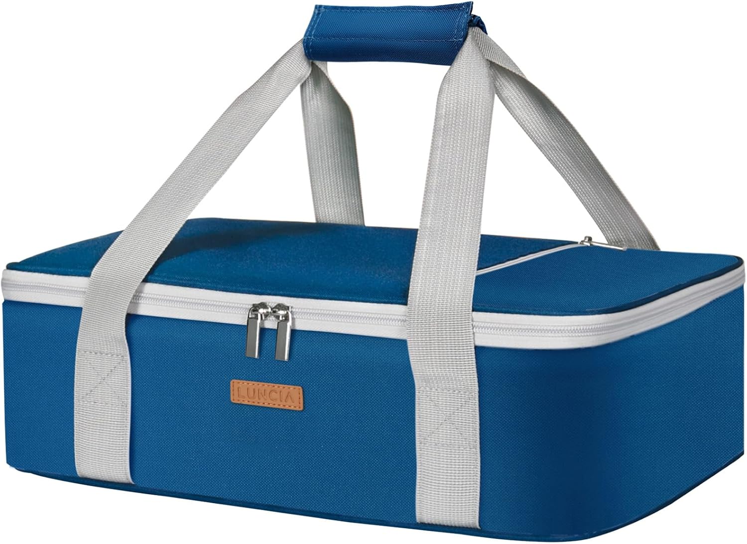 LUNCIA Insulated Single Decker Casserole Carrier, Lasagna Lugger Tote Keeps Food Hot or Cold, Thermal Lunch Bag for Potluck Parties, Picnic and Cookouts, Fits 9" x 13" Baking Dish, Pure Blue