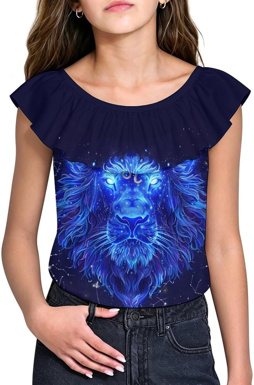 Leo Constellation Blue Lion Girls T-Shirts Top Ruffle Short Sleeve Blouse Casual Graphic Tees