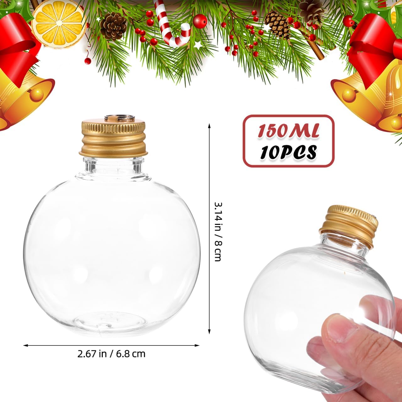 Tofficu 10pcs Clear Fillable Bottle Ornaments, 150ML Christmas Bulbs Potion Bottles, Plastic Empty Balls for Juice Beverage Candy Milk Party Crafts Xmas Tree Hanging Golden