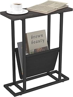 HOME BI Retro Narrow Side Table, Sofa Slim End Table, Wood & Metal End Table with Magazine Holder, Industrial magazine tables for Living Room, Sofa, Bedroom, 17.72x7.08x21.1 (Grey)