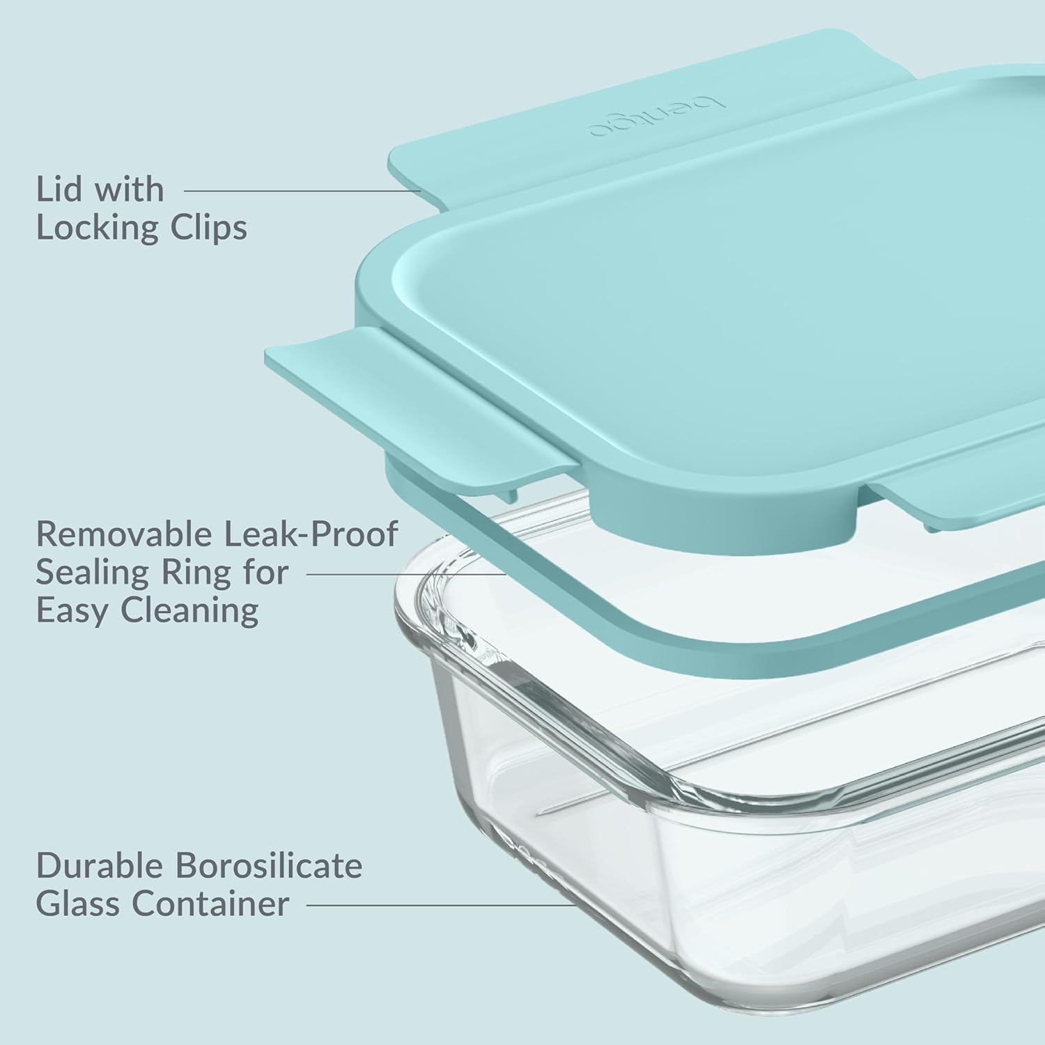 Bentgo Glass Leak-Proof Food Storage Set - 4-Piece Glass Containers with BPA-Free Airtight Lids, Reusable & Durable for Leftovers & Meal Prep - Microwave, Freezer, Oven & Dishwasher Safe (Soft Aqua) - Image 6