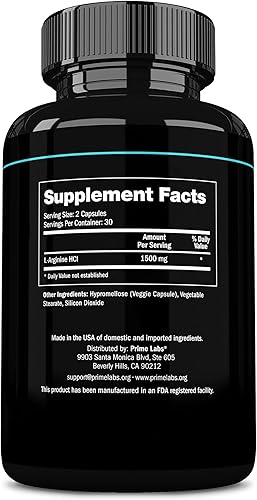 Miniatura 8 de Prime Labs L Arginina 1500mg - Suplemento de óxido nítrico - Flujo sanguíneo, energía, fuerza, resistencia - 60 unidades