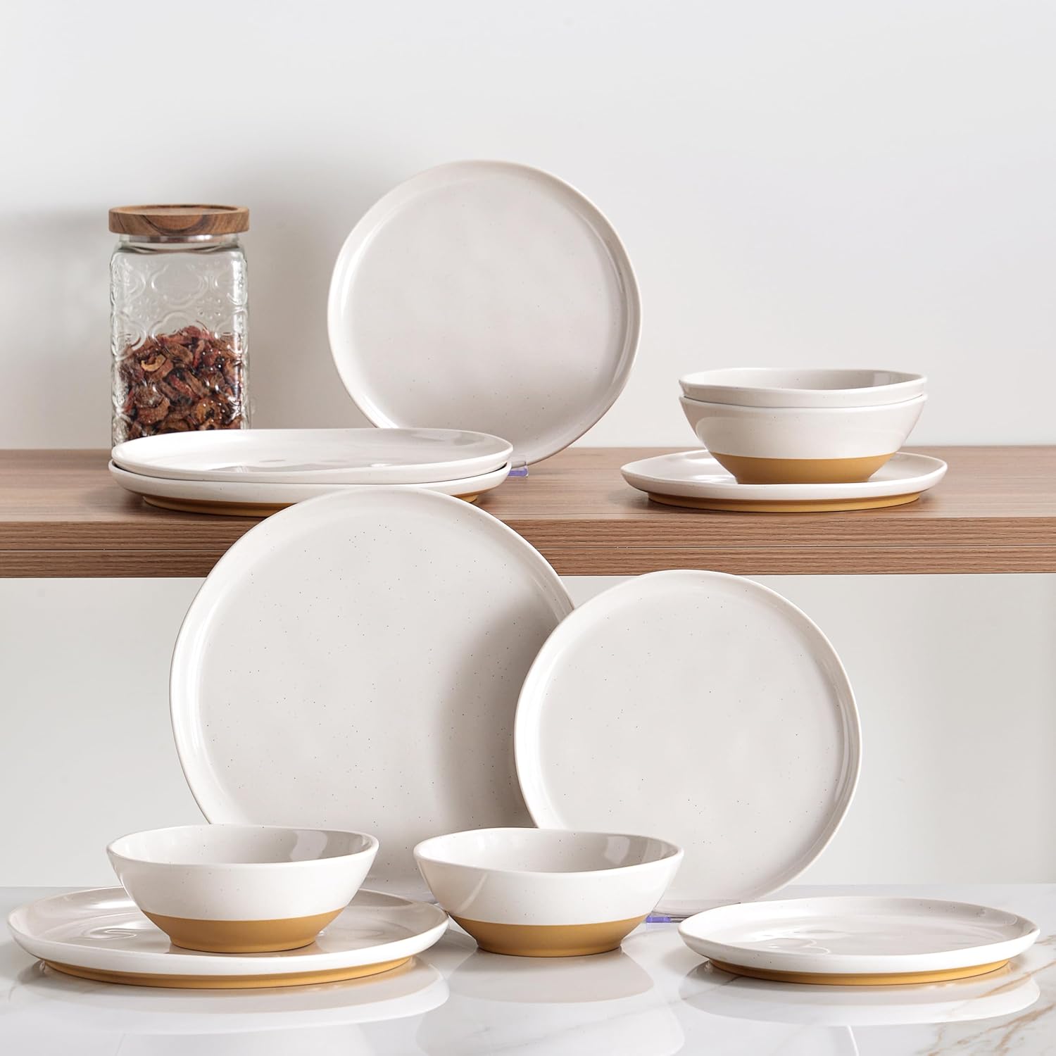Sets of 12 FINE&NICE Melamine Dinnerware Sets of 12 Pcs, Unbreakable Plates and Bowls Set for 4, Dinner Dishes Set for for Patio, RV and Camping, Dishwasher Safe (White with Brown)