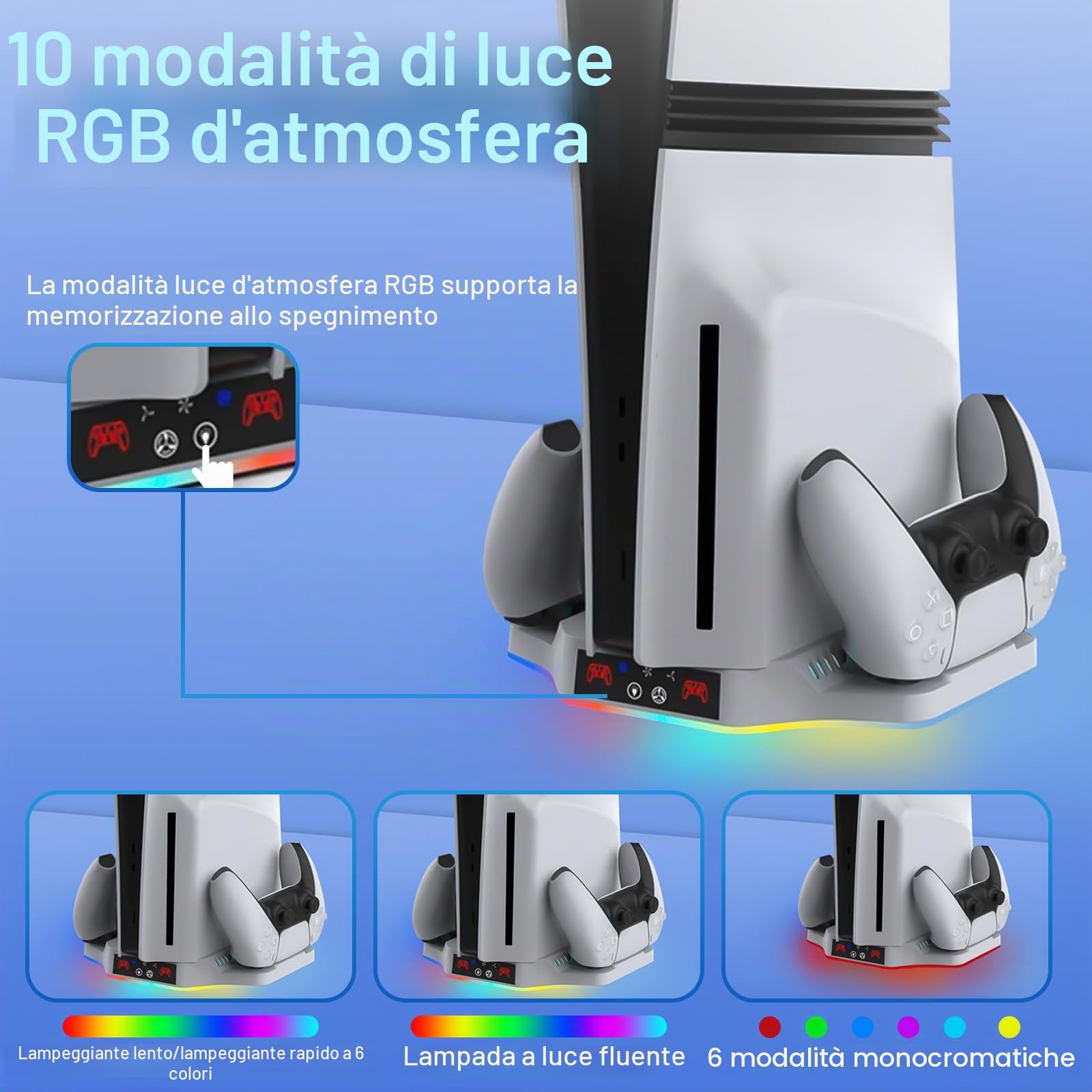 Supporto per PS5 Slim/Pro con Ventola di Raffreddamento,Base di Raffreddamento PS5 con 3 Livelli di Ventola e 2 Ricarica Simultanea di Tre Dispositivi,Accessori per PS-5 Pro/PS-5 Slim