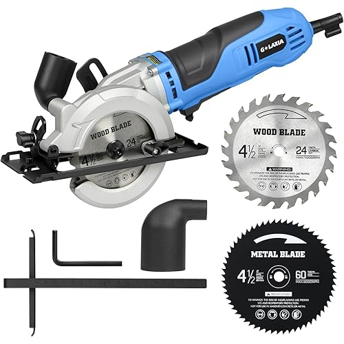 Mini Circular Saw, 6Amp 5200RPM Corded Circular Saw with Rip Guide, 24T TCT Wood Blade & 60T HSS Metal Blade – 1.67" Cutting Depth at 90°, 1" at 45° for Bevel Cuts, for Wood, Thin Metal, PVC