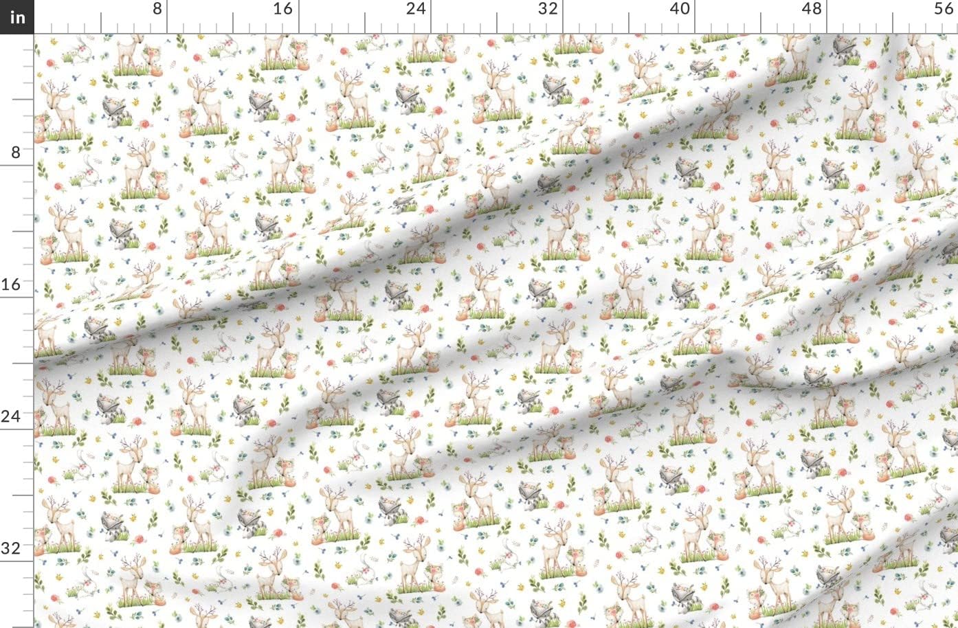 Spoonflower Fabric - Woodland Friends Deer Fox Raccoon Bunny Flowers Girl Nursery Animals Printed on Organic Cotton Sateen Fabric by The Yard - Sewing Quilting Apparel Home Decor