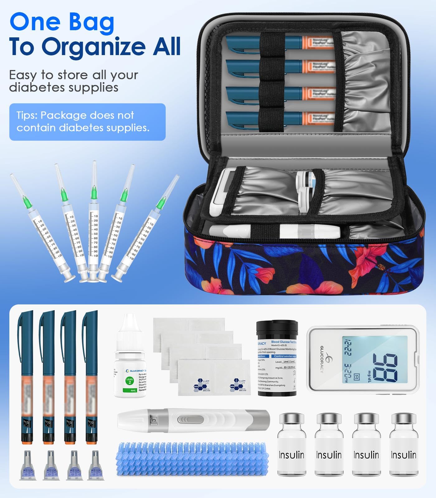 Glucoracy Estuche de viaje enfriador de insulina, bolsa grande de refrigeración de medicamentos con 4 paquetes de hielo reutilizables para bolígrafos de insulina y suministros para diabéticos,