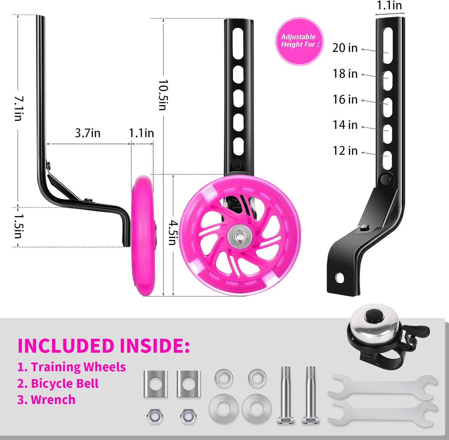 BNKIHDD Bicycle Training Wheels Flash Mute Wheel with Adjustable Kids Stabilizers Mounted Kit Compatible for Bikes of 12 14 16 18 20 Inch (Pink) : Sports & Outdoors