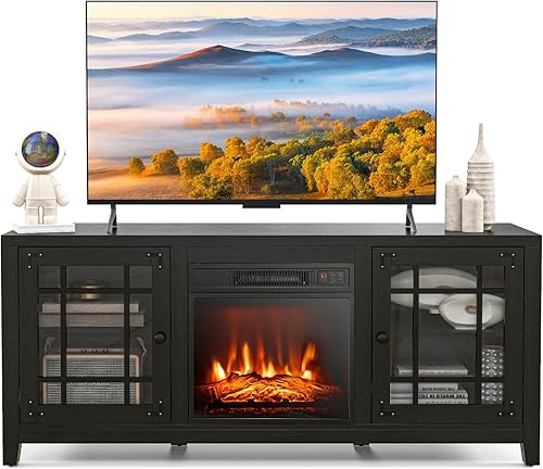 Miniatura 8 de COSTWAY Soporte de TV con chimenea eléctrica para televisores de hasta 65 pulgadas consola de TV con control remoto llama y estantes ajustables