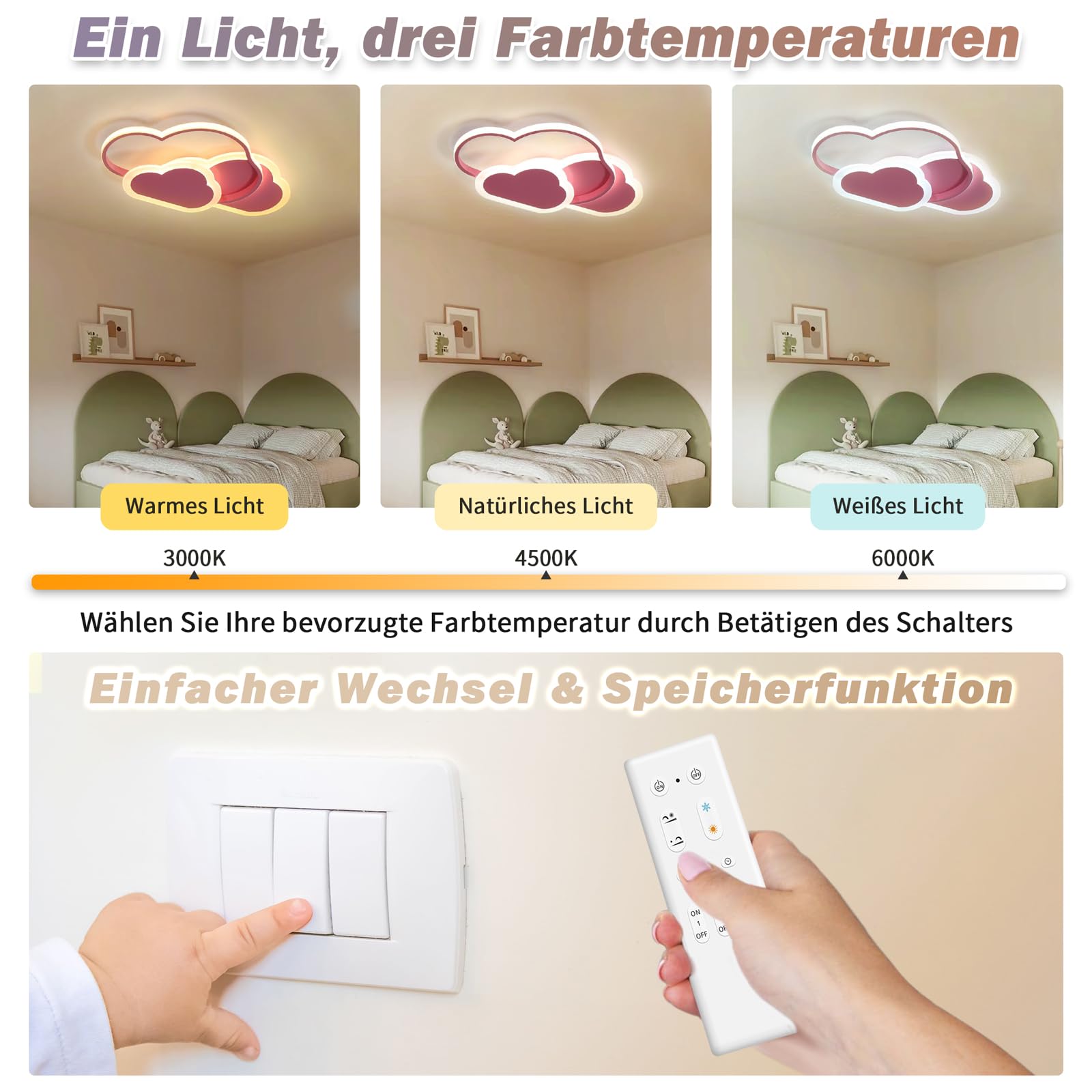 Plafoniera LED 42W Lampada da Soffitto per Camera dei Bambini, Lampada Nuvola Creativa, Lampade LED da Soffitto Dimmerabili con Telecomando 3000K-6000K, 52CM rosa Lampada da Soffitto a LED per Soggio