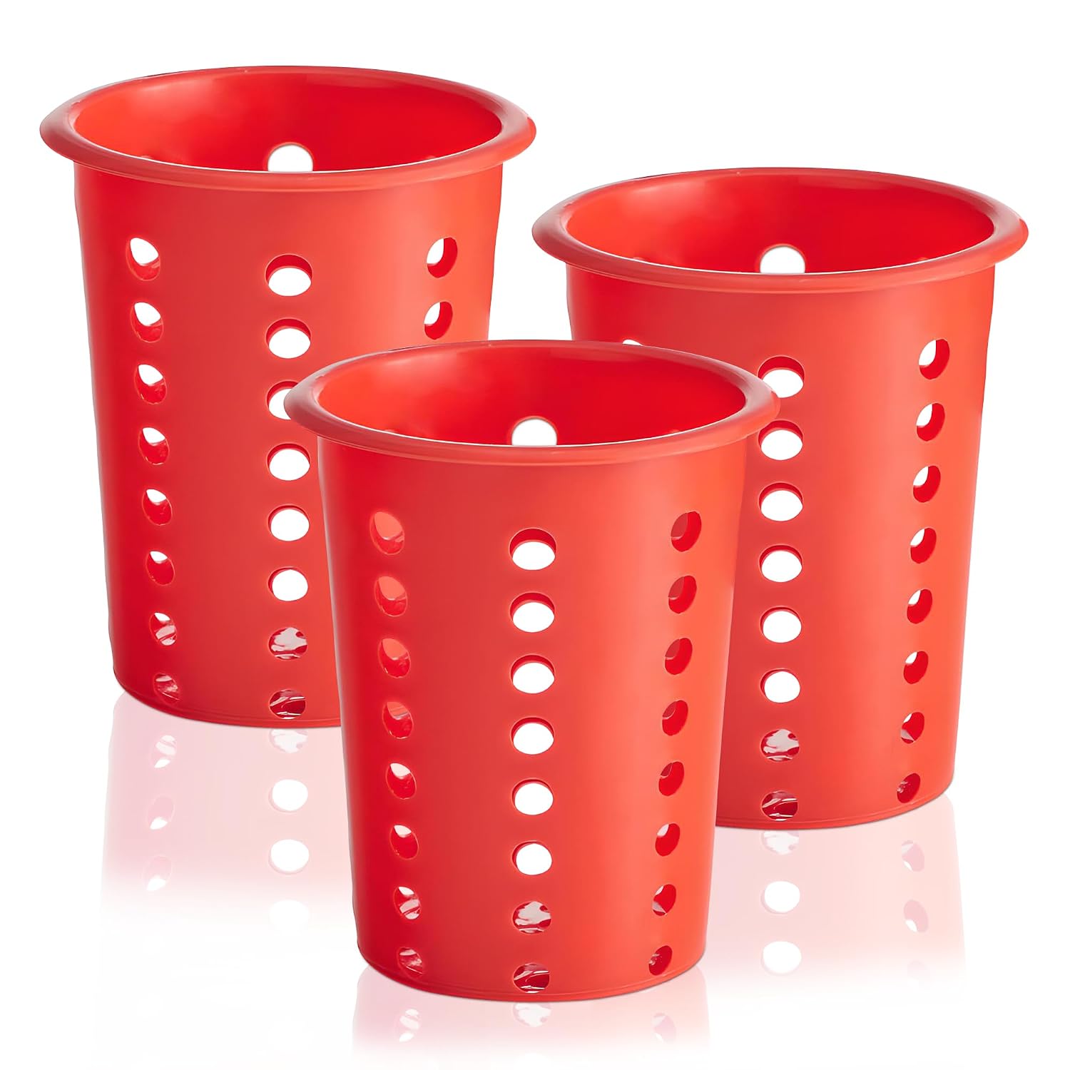 OCS Parts Perforated Utensil Drying Cups | Red | Plastic Flatware Holder Cylinders for Kitchen Counter Organization