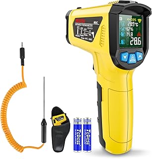 Infrarot Thermometer Laser MESTEK Temperaturmessgerät mit K-Sonde IR Pyrometer -50°C bis 800°C Berührungslos Farbe LCD Alarmfunktion Einstellbarer Emissionsgrad für Küche