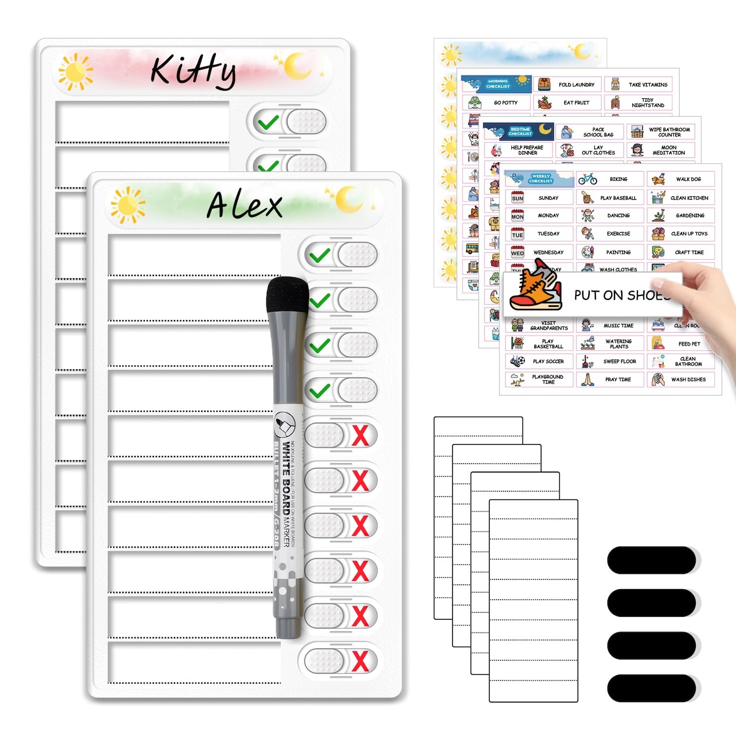 Upgraded Slider Dry Erase Chore Chart for Kids, Whiteboard Magnetic Chore Chart for 2 Kids, Reusable Morning/Bedtime Routine Chart for Kid Toddlers Teens Adult, Visual Schedule for Kid with Autism