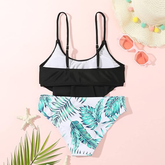 Girls 2PCS Swimsuit Spaghetti Strap Bathing Suit Ruffle Flounce Bikini Sets High Waist Tropical Print