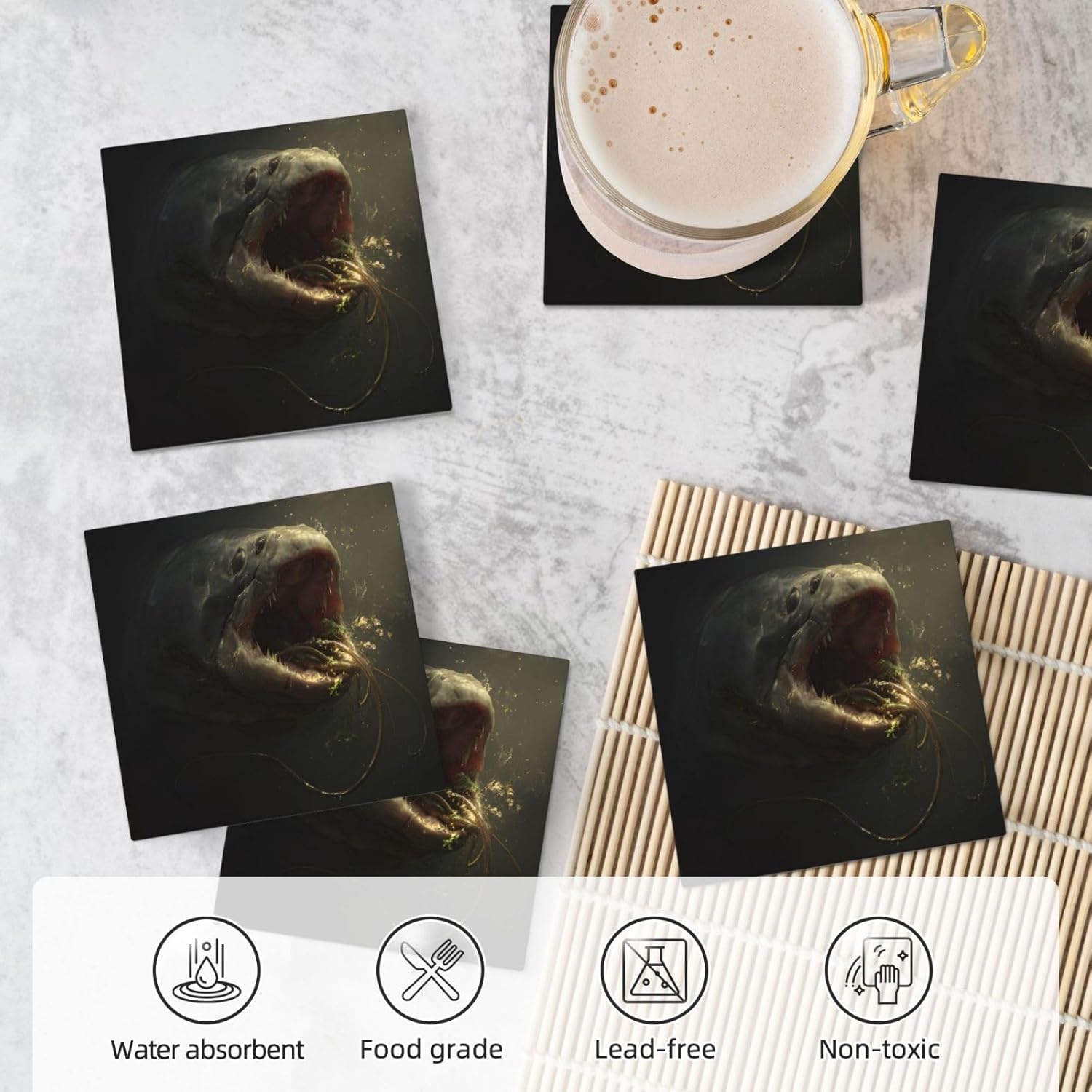 (Devouring EEL) Ceramic Coasters Set of 6 with Holder Non-Slip Square Coffee Coasters for for Cup Mug Drink Patio Coffee Table Decor, Christmas Coasters Home Bar Supplies