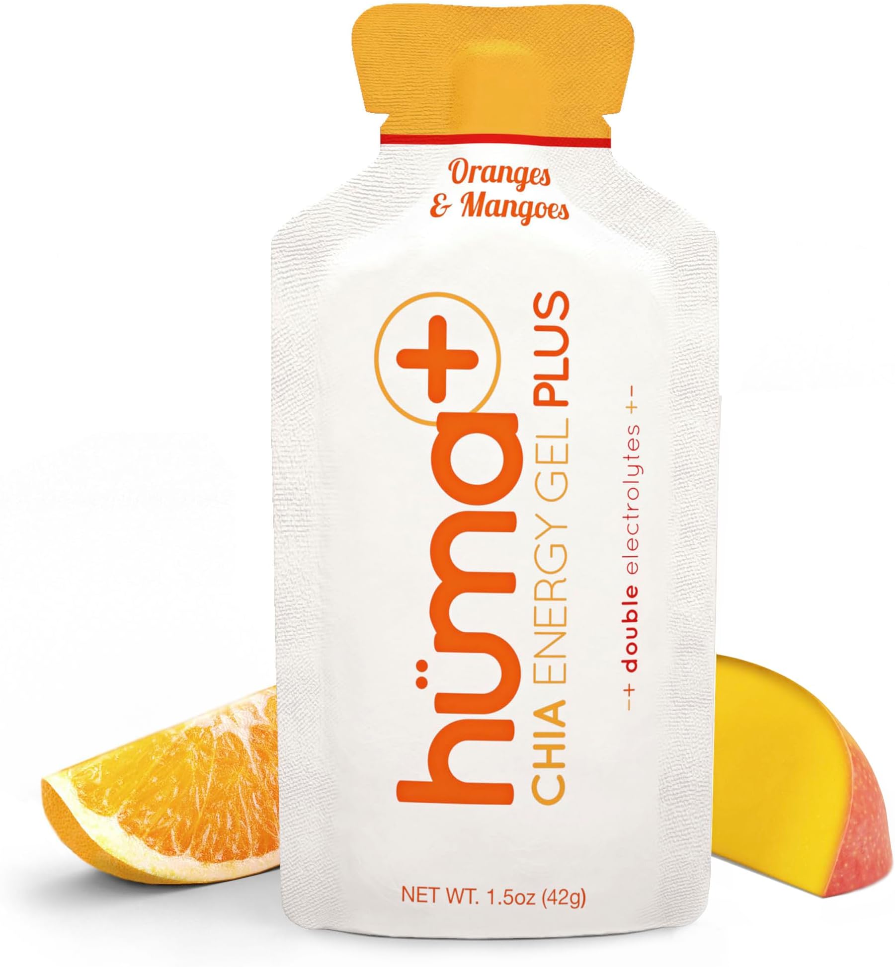 Huma Plus (Double Electrolytes) - Chia Energy Gel, Orange Mango, 12 Gels - Stomach Friendly, Real Food Energy Gels
