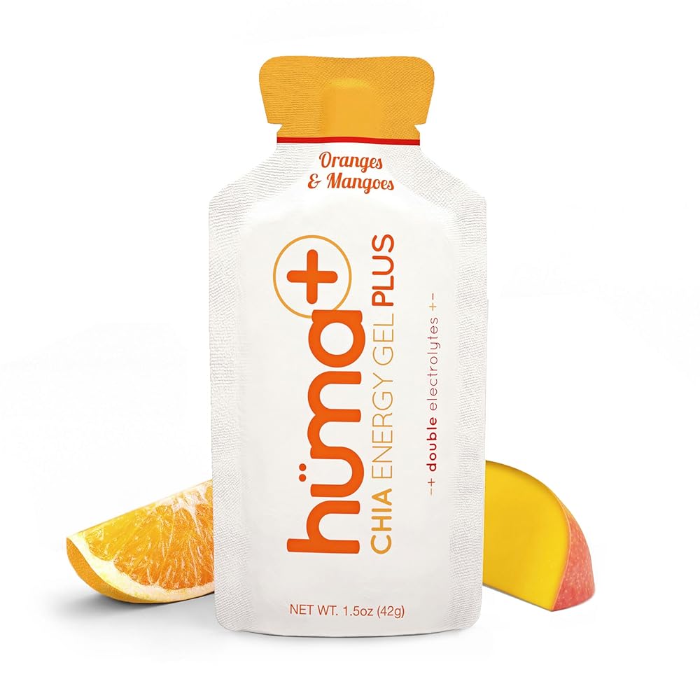 Huma Plus (Double Electrolytes) - Chia Energy Gel, Orange Mango, 24 Gels - Stomach Friendly, Real Food Energy Gels