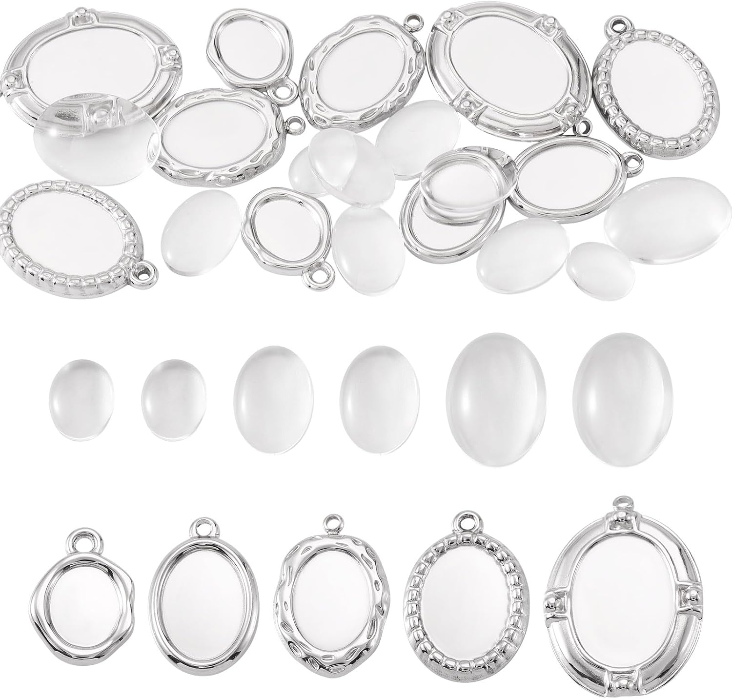 FASHEWELRY 10 Sets Stainless Steel Oval Pendant Cabochon Setting Blank Bezel Pendant Tray Metal Base Setting with Clear Glass Cabochon DIY Cameo Photo Charm Earrings Necklace Jewelry