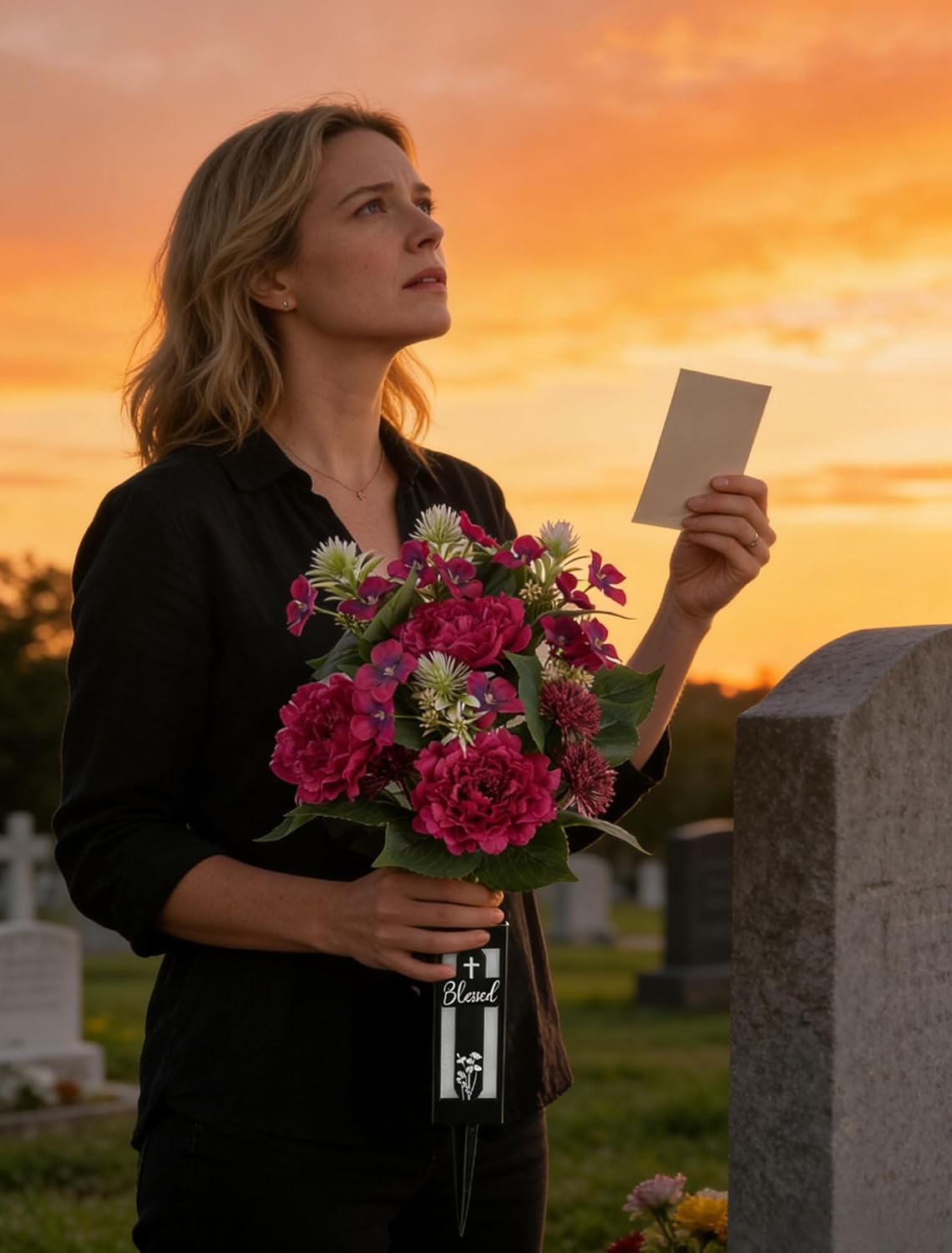 Artificial Cemetery Flowers for Grave: 2 Pcs Hot Pink Peony Grave Flower Bouquets with Vases for Cemetery Gravesites - Spring Outdoor Outdoor Grave Decorations