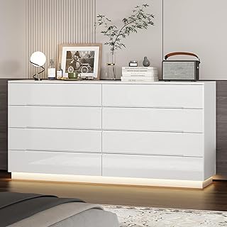 WOODTIME Modern 8 Drawer Dresser with LED Lights and Glossy Surface, 63" Large Dressers & Chests of Drawers Storage Tower Organizer for Bedroom, White