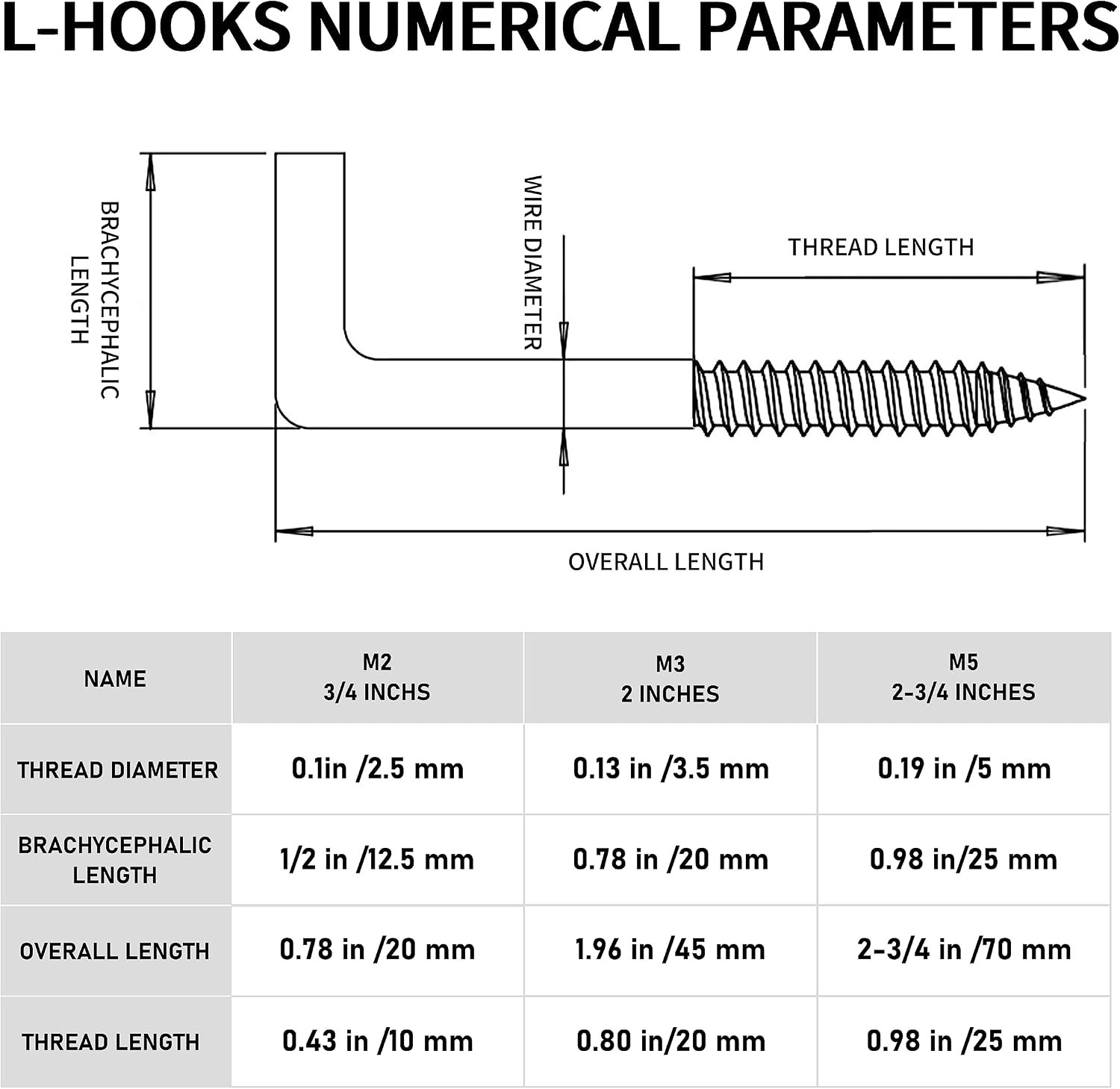 304 Stainless Steel 2 in Screw-in Hooks 50 Pcs,7 Shape Screw Hooks,Right Angle Medal Hooks l Shaped Screw in Hooks for Hanging