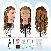 Vista 5 de Firstwon Cabeza de maniquí de cabello humano - Cabeza de muñeca de maniquí de cosmetología con 80% cabello real para peluquería, práctica