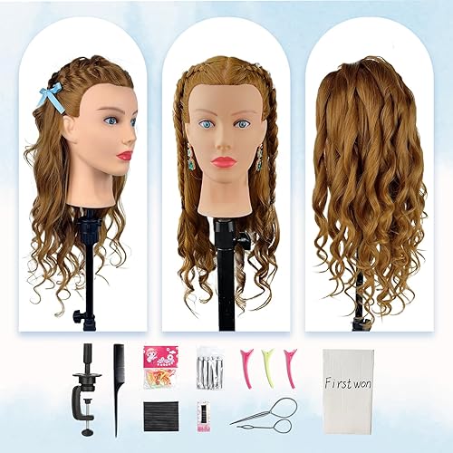Miniatura 5 de Firstwon Cabeza de maniquí de cabello humano - Cabeza de muñeca de maniquí de cosmetología con 80% cabello real para peluquería, práctica de