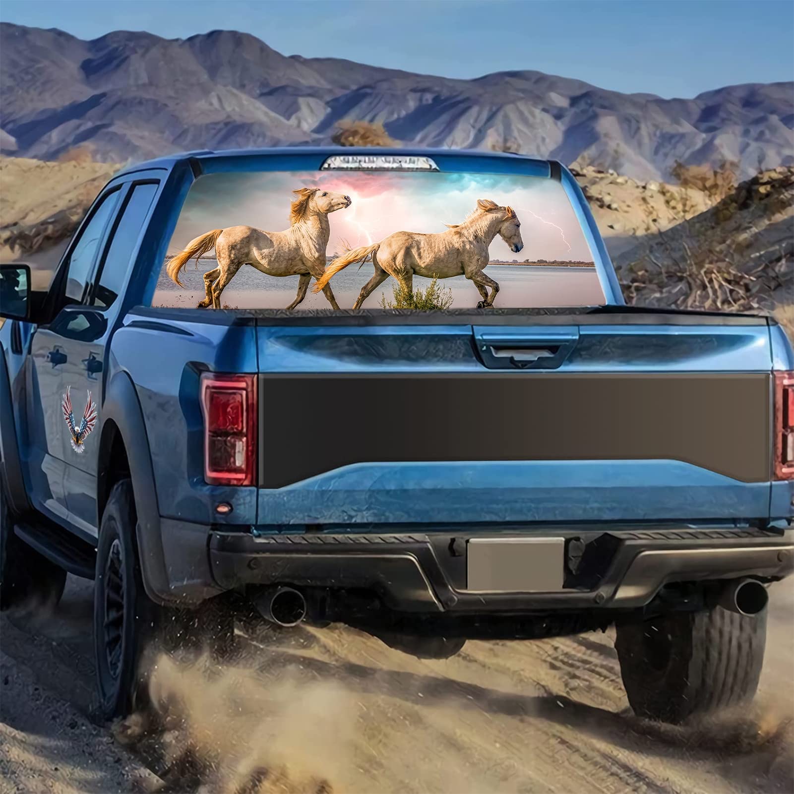 Decalcomania adesiva per finestrino posteriore dell'auto, motivo cavallo di destriero, grafica perforata, per camion, finestra, posteriore, SUV, furgone, pickup, lunotto posteriore, 167,6 x 73,7 cm
