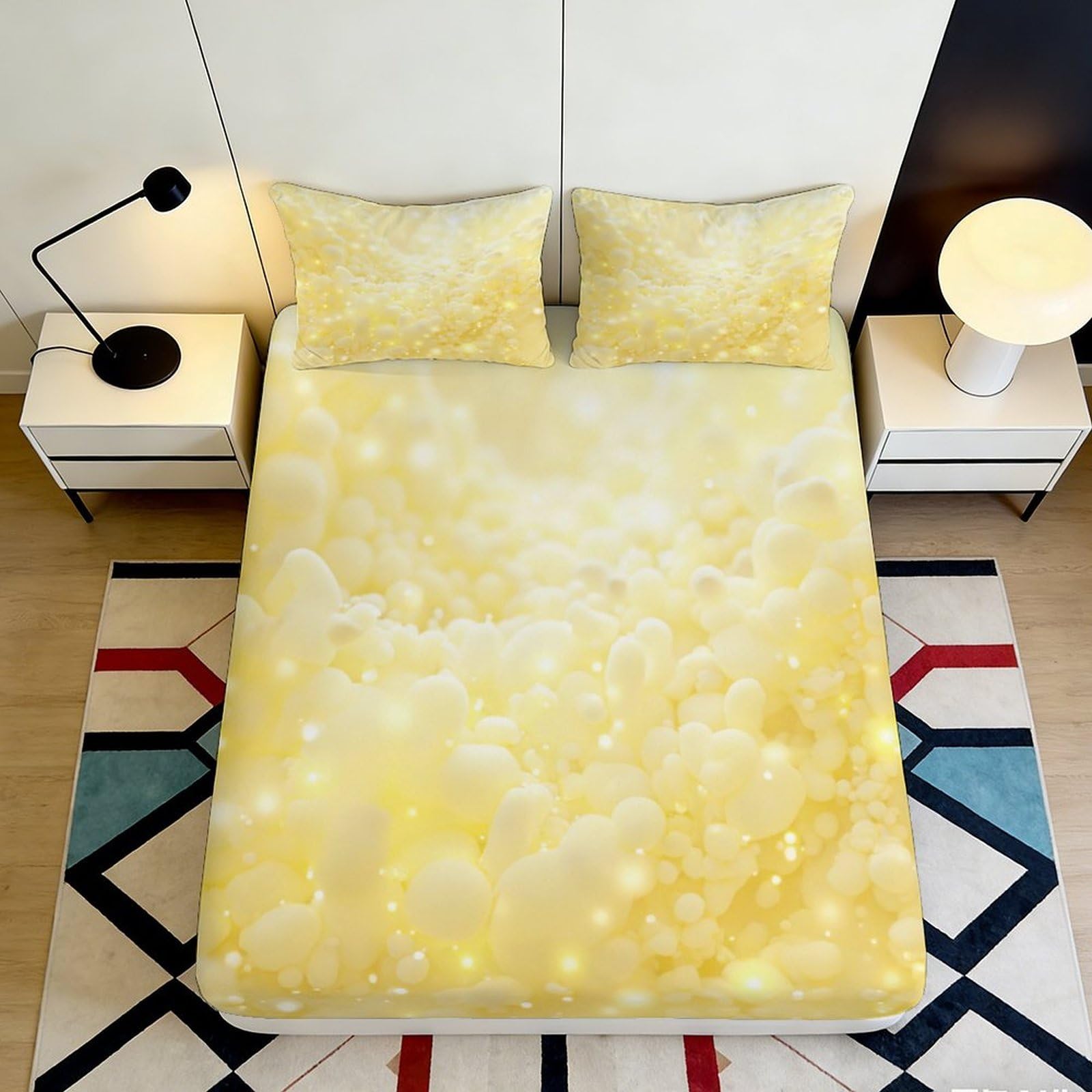 3D Printed Yellow Bubble Dream Fitted Sheet Microfiber Soft Mattress Cover for Bedroom Guest Room Decor 180x200x25cm