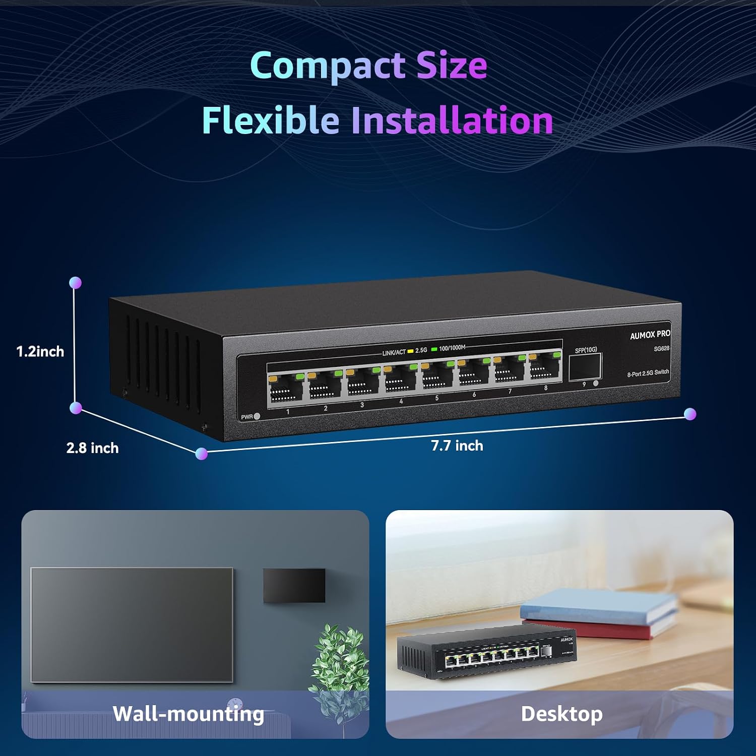 9 Port 2.5Gb Unmanaged Ethernet Switch with 8* 2.5G+ 1*10G SFP Ports, 60 Gbps Switching Capacity Compatible with 100/1000/2500Mbps Plug and Play