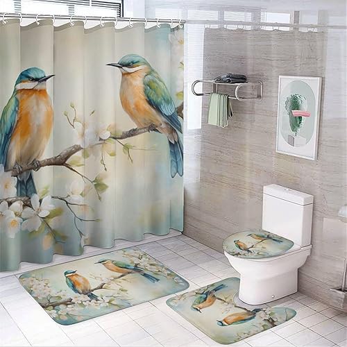 Miniatura 9 de Dunmat - Juego de 4 cortinas de ducha de acuarela con diseño de pájaro, flores botánicas, ramas de árbol, pájaros azules, juego de decoración de