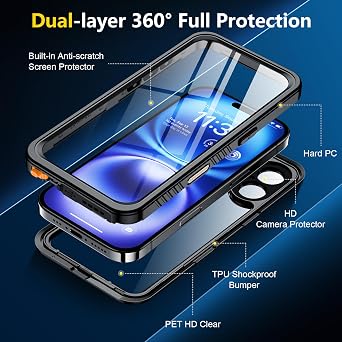 SPIDERCASE for iPhone 16 Case Waterproof, Built-in Lens & Screen Protector, Full Heavy Duty Protection, 12FT Military Shockproof, Dustproof, Anti-Scratched Phone Case,Black