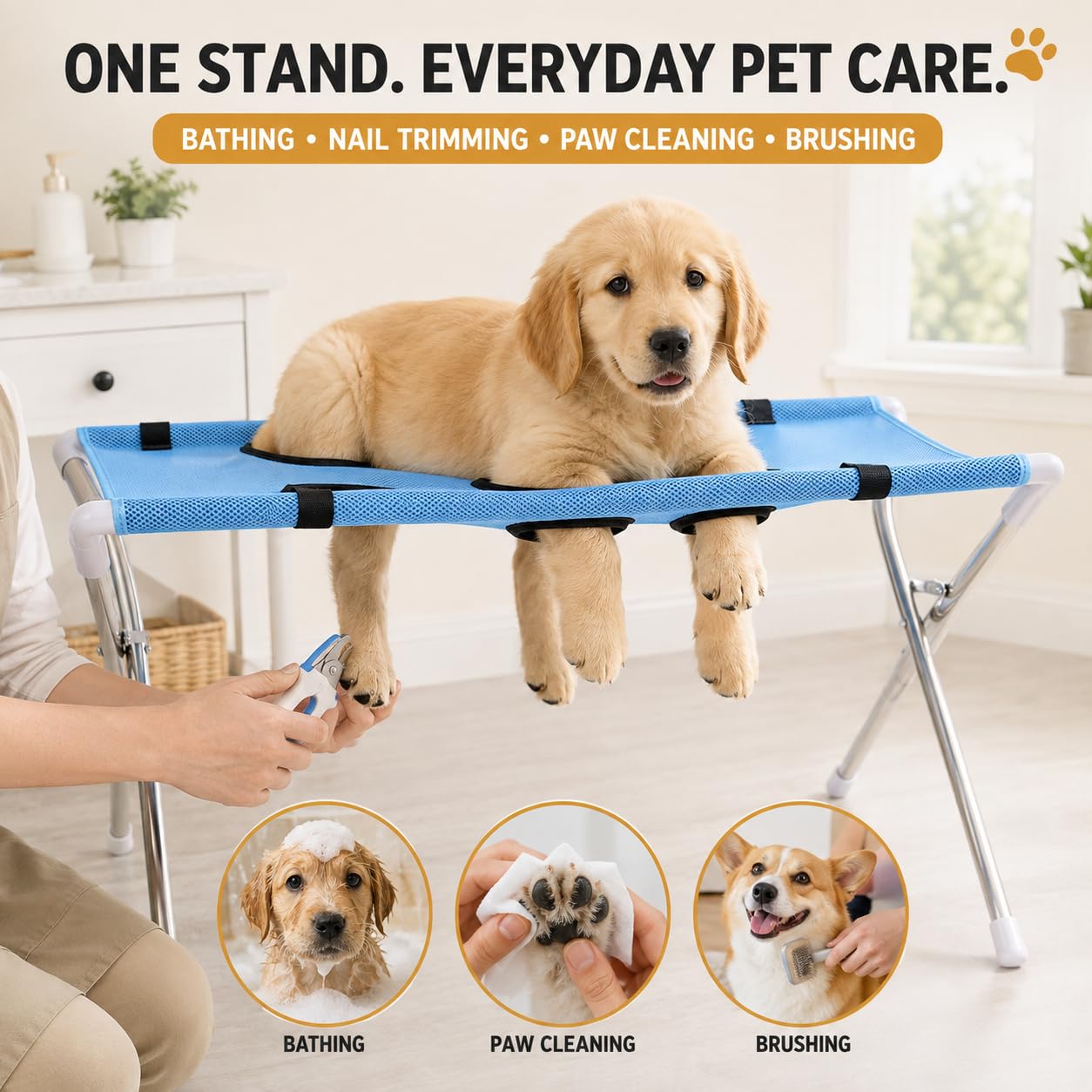 Jeeeun Pet Grooming Hammock with Stand for Cats Small Dogs Dog (Khaki) | Pet Bathing Hammock - 8-Hole Breathable Mesh, Ear Cleaning, Bathing Use, Foldable Design, Secure Strap