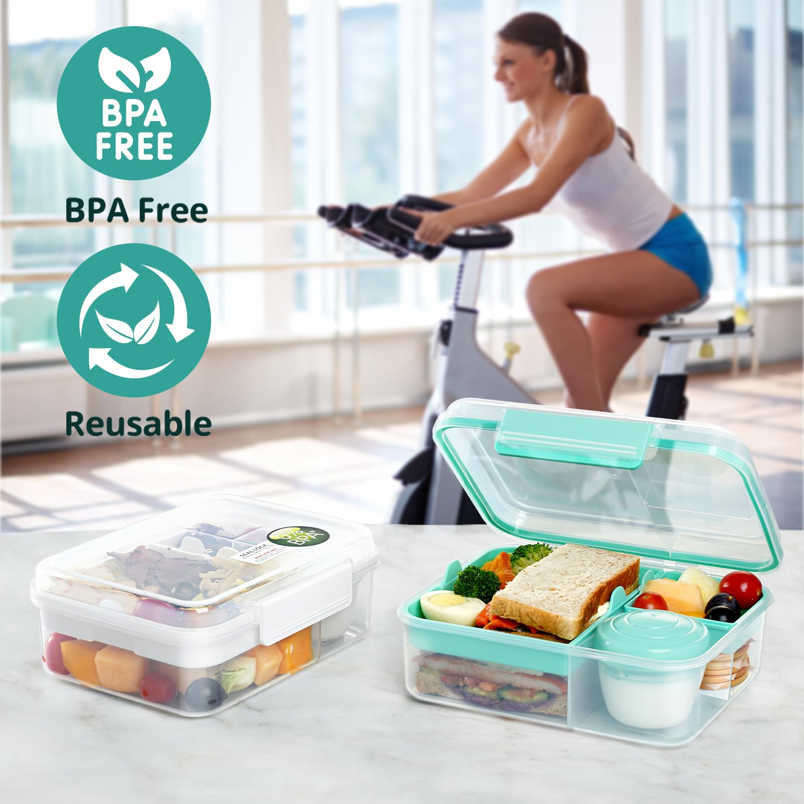 Recipientes reutilizables para preparación de comidas, caja bento para adultos, lonchera Bento con 2 bandejas extraíbles y recipiente para aderezo de ensalada, tamaño de 56 onzas/1.65 L (verde